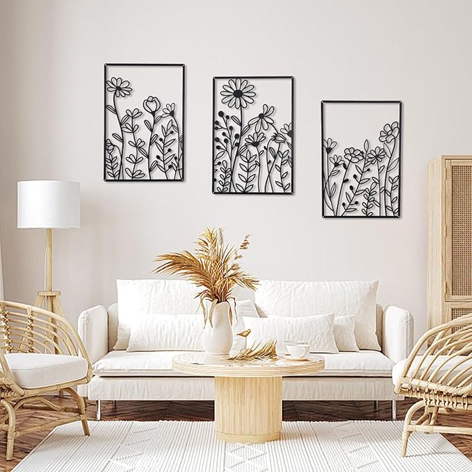 OYEFLY 3 Pcs Metal Flower Wall Decor,Minimalist Flower Wall Decors,Rustic Farmhouse Decor (Black)
