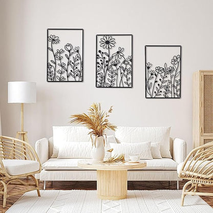 OYEFLY 3 Pcs Metal Flower Wall Decor,Minimalist Flower Wall Decors,Rustic Farmhouse Decor (Black)