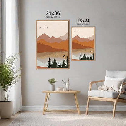 HLNIUC Boho Mountain Burnt Orange Wall Art Framed, Mid Century Modern Terracotta Wall Decor 24x36, Southwest Sunset 3 Piece Canvas Painting, Large Nature Picture for Living Room, Bedroom, Office