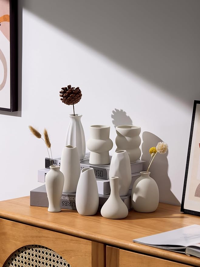 Set of 9 Ceramic Bud Vases for Pampas Grass Flowers, Small Vases in Bulk for Centerpieces Boho Vases for Wedding Decorations Neutral Living Room and Bedroom Decor DIY Gift (White-3)