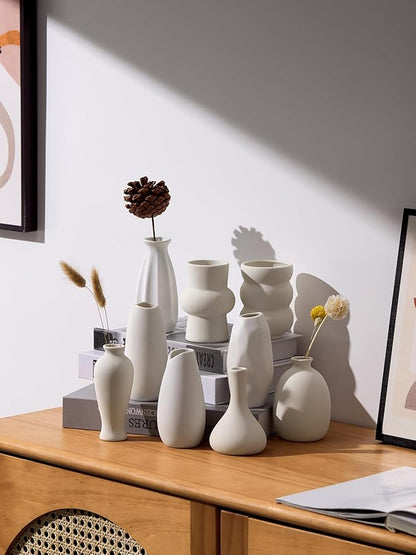 Set of 9 Ceramic Bud Vases for Pampas Grass Flowers, Small Vases in Bulk for Centerpieces Boho Vases for Wedding Decorations Neutral Living Room and Bedroom Decor DIY Gift (White-3)