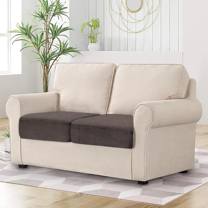 Couch Cushion Cover Velvet 2 Pieces Seat Cushion Cover Stretch LoveSeat Couch Covers Separate Sectional Sofa Slipcovers Furniture Protector (2-Seater or Backrest, Coffee)