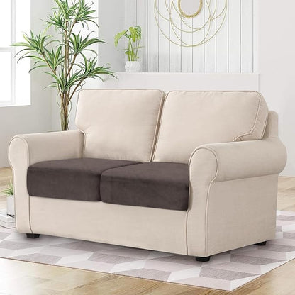 Couch Cushion Cover Velvet 2 Pieces Seat Cushion Cover Stretch LoveSeat Couch Covers Separate Sectional Sofa Slipcovers Furniture Protector (2-Seater or Backrest, Coffee)