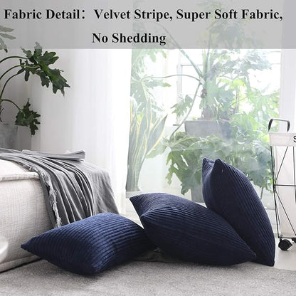 Home Brilliant Striped Decorative Corduroy Velvet Large Euro Sham Set of 2 60x60 cm Couch Throw Pillow Cover for Bed, 24 x 24 inch, Navy Blue