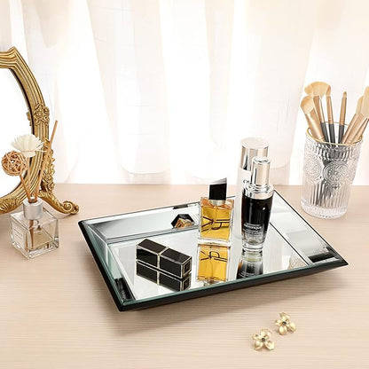 Hipiwe Glass Mirror Makeup Vanity Tray Black Rectangle Perfume Jewelry Trinket Organizer Coffee Table Centrepiece Decorative Dresser Bathroom Storage, 11.9x7.9 inch