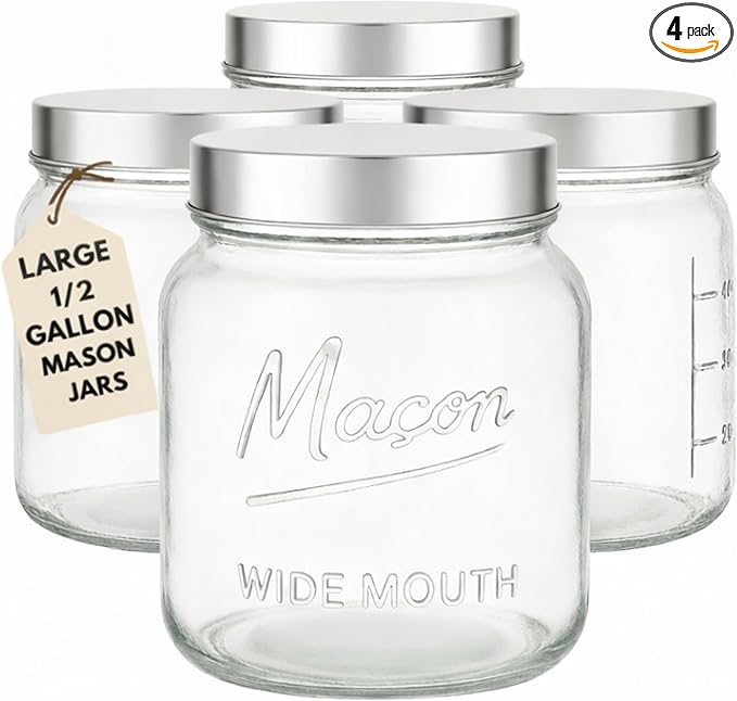Kitchentoolz Half Gallon Glass Mason Jars with Extra Wide Mouth & Metal Lids - Airtight Food Storage & Canning Jars with Measurement Markings - 64 oz (4pk)