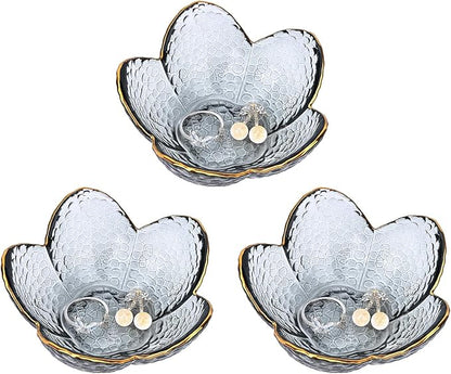 Koythin 3-Piece Glass Jewelry Tray, Small Trinket Holder for Necklace Bracelet Earring, Ring Holder for Bathroom, Aesthetic Trinket Dish, Flower Nightstand Decor for Girl Mom Women (Grey)