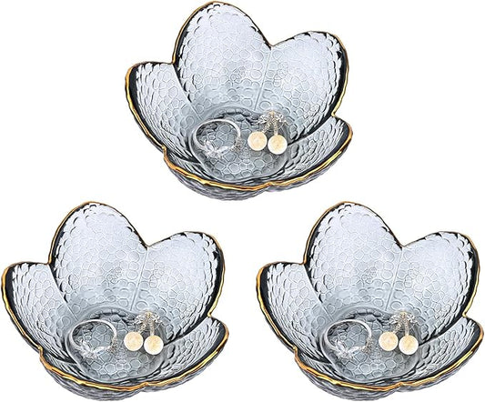Koythin 3-Piece Glass Jewelry Tray, Small Trinket Holder for Necklace Bracelet Earring, Ring Holder for Bathroom, Aesthetic Trinket Dish, Flower Nightstand Decor for Girl Mom Women (Grey)