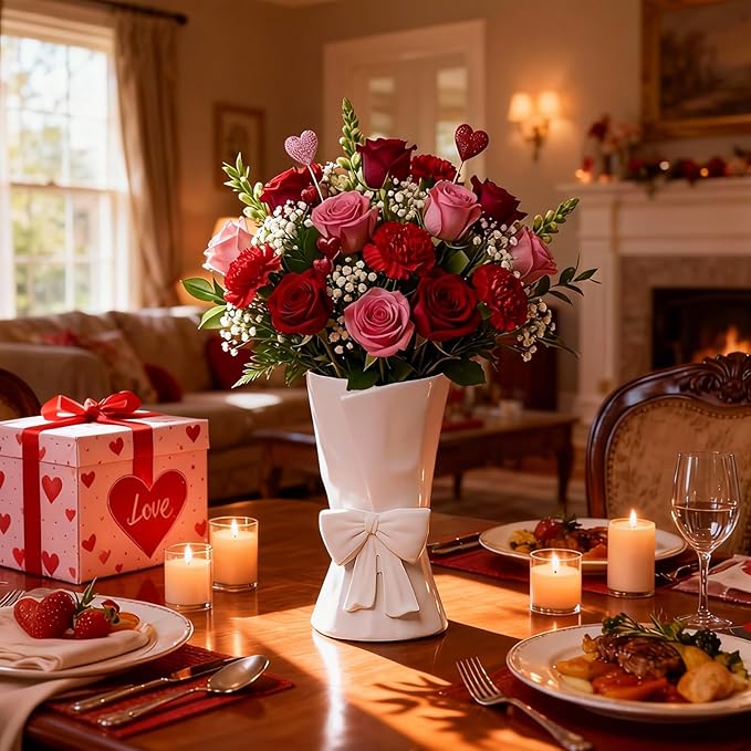 White Ceramic Bow Vase Unique Cute Decorative Bouquet Flower Vases 9.64 in Valentine's Day Decor Vase