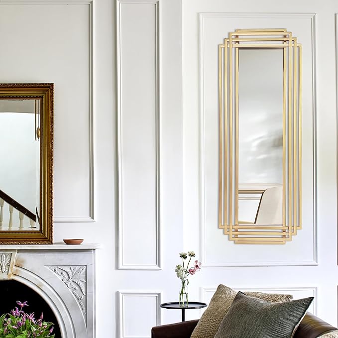 Modern Rectangle Mirror, 42"x16" Geometric Art Deco Mirror with Metal Frame, Gold Elegant Mirrors for Living Room Bedroom Bathroom Entryway Hallway, Hangs Vertically or Horizontally
