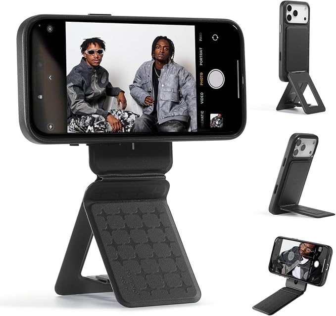 MOFT Phone Tripod Stand Selfie Stick x Tombogo for iPhone, Multi-Angles iPhone Stand, Lightweight & Portable Phone Holder, Strong Magnets, MOVAS Vegan Leather, Jet Black (Without Card Slot)