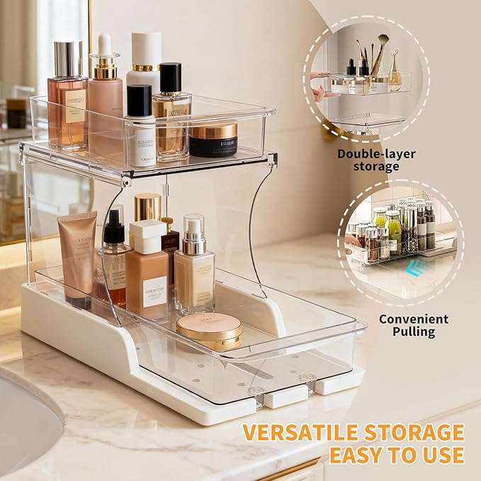 Pull Out 2 Tier Organizer for Kitchen Bathroom and Cabinet Storage Rotating Pantry Rack Under Sink Organizer Clear and Durable Design 1 Pack