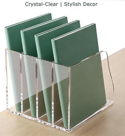 YUXUN Clear Acrylic File Folder Holder - 4 Vertical Compartments Desk Document Sorter, Upright Magazine Rack for Office/Home/Classroom, Stores Documents, Tablets, Magazines, Books & Accessories