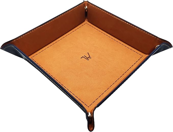 PU Valet Tray Organizer Storage 5.5"x5.5"X1.2". Key Jewelry Tray, Dice Box Bedside Tray,Wallets Watches Keys Coins Mobile Phones Organizer, Office Desk Accessory Catchall (Brown).