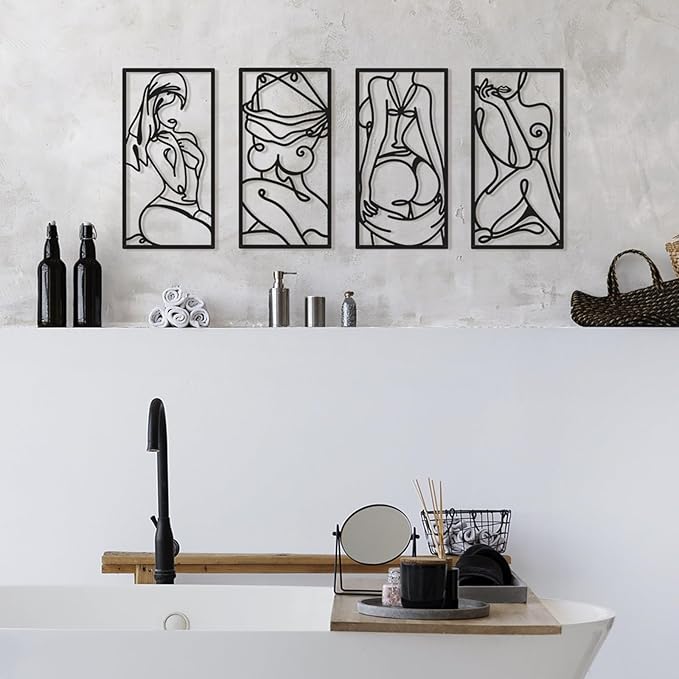 Bakovity Black Metal Bathroom Wall Decor Minimalist Line Art Wall Decor Black Abstract Modern Wall Art for Bathroom Living Room Bedroom (4 Pcs,17 x 9 in)