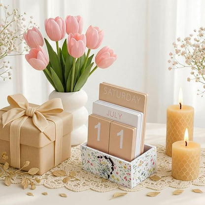 Wildflower Wood Block Perpetual Calendar Coquettish Farmhouse Desk Decor Cute Watercolor Wildflower Month Week Date Display Decorative Block Calendar Office Home Desk Gift for Women