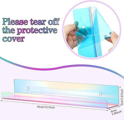 Blulu 8 Packs 14 Inch Acrylic Floating Shelf Wall Mounted Invisible Acrylic Shelf Ledge Floating Bookshelf for Living Room Office Bedroom Bathroom Kitchen Decoration Space Save (Iridescent)