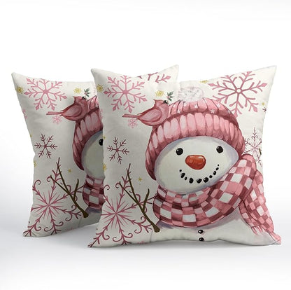Christmas Pillow Covers 16x16 Set of 2 Pink Snowman Throw Pillow Covers Winter Pillowcase Linen Decoration Farmhouse Bird Cozy Soft Cushion Case Couch for Indoor Outdoor Home Decor