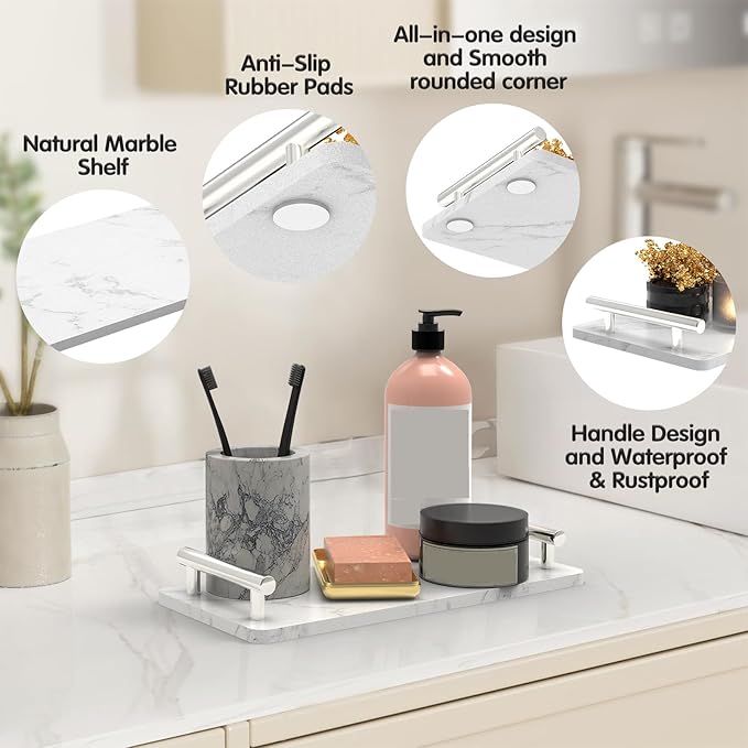 Guest Towel Holder Tray for Bathroom,Marble Slab with Handles - Napkin Holder for Kitchen - Bathroom Tray(Silver,Small)