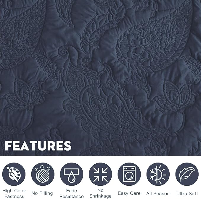 HZ & HY Oversized King Bedspread, Quilted Coverlet Bedding Set, Lightweight Thin Comforter, Reversible, Luxurious, 5 Piece, 100% Microfiber, Navy Blue