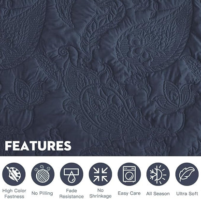 HZ & HY Oversized King Bedspread, Quilted Coverlet Bedding Set, Lightweight Thin Comforter, Reversible, Luxurious, 5 Piece, 100% Microfiber, Navy Blue