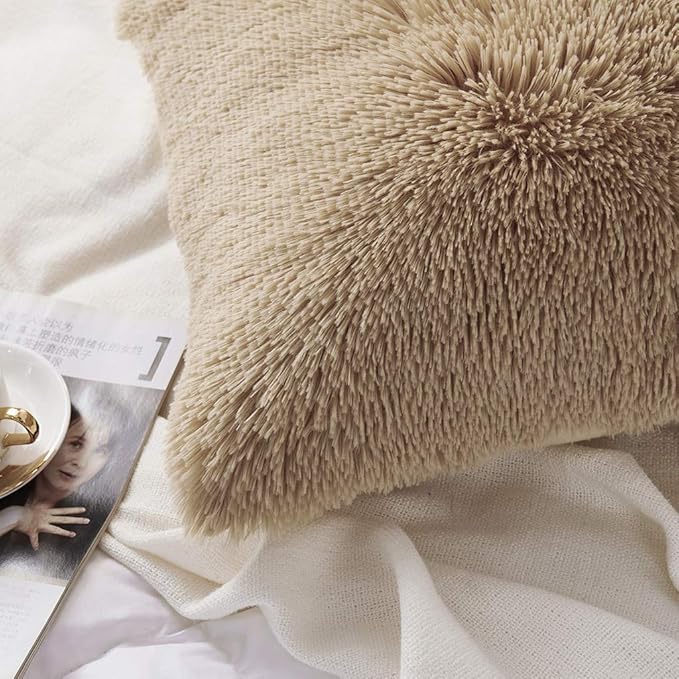 Uhamho Set of 2 Standard Pillowcases Faux Fur Throw Pillow Covers Queen Size Shams Soft Velvet Decorative Zipper Closure (Camel, 20"x26")