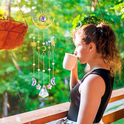 Crystal Suncatcher, Sun and Moon Suncatcher for Windows Hanging Indoor Outdoor, Prisms Rainbow Maker Home Garden Backyard Room Decor for Valentines's Mother's Day Birthday Housewarming Gift