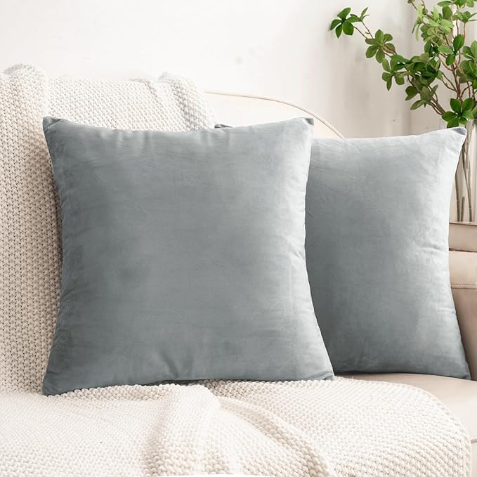 HWY 50 Gray Grey Velvet Throw Pillow Covers 22x22 Inch, Pack of 2 Soft Cozy Solid Decorative Luxury Cushion Cases for Couch Sofa Bed Living Room Bedroom