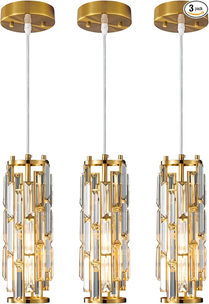 LMQNINE Pendant Lights Modern Gold Pendant Light Mini Crystal Chandelier Pendant Lighting for Kitchen Island Dinning Room Bedroom Kitchen Sink Lighting (Gold 3-Pack)