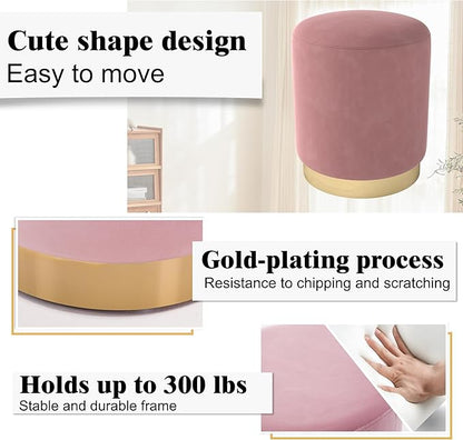 DAGONHIL Modern Round Pink Velvet Ottoman,Upholstered Floor Stools with Gold Plating Base,Accent Makeup Stool for Living Room,Bedroom and Kids Room,Pack of 1(Pink)