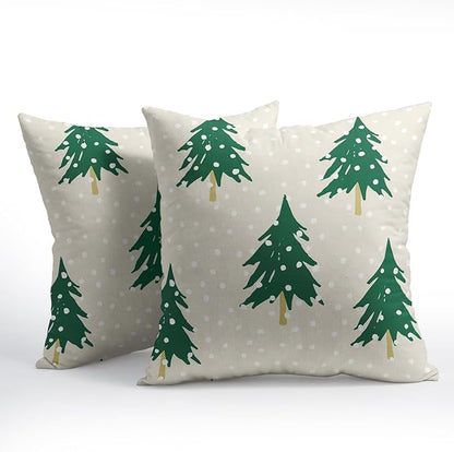 Christmas Tree Pillow Covers 20x20 Set of 2 Green Beige Xmas Snow Pattern Rustic Decorative Outdoor Farmhouse Zipper Pillowcases Decorations Winter Holiday Throw Cushion Cover Decor for Couch Sofa Bed