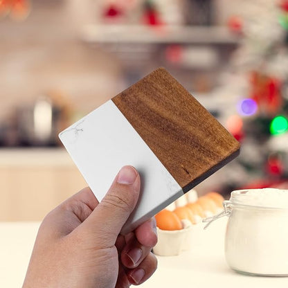 Marble Coasters: 4-Piece Set of Acacia Wood Marble Coasters, Suitable for Kitchens, Offices, and can be Used as Gifts