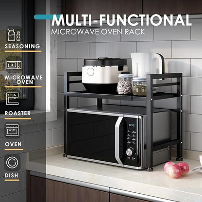 DOLALIKE Microwave Oven Rack, Expandable Microwave Stand Countertop Kitchen Utensils Tableware Storage, Carbon Steel Over Microwave Shelf Countertop with 3 Hooks