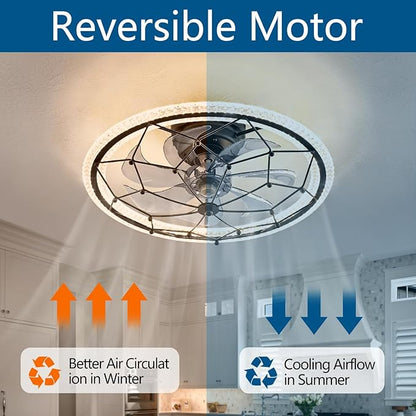Matte Black Ceiling Fan with Light, Farmhouse Chemistry Molecular Model Caged Ceiling Fan with Remote, LED Low Profile Ceiling Light for Bedroom Kitchen Living Room