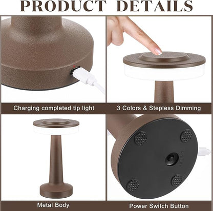 Riakrum 2 Pcs LED Portable Cordless Table Lamp with Touch Sensor 3 Color Stepless Dimming Rechargeable Battery up to 15 Hours Cordless Table Light Wireless Lamp for Nursery (Brown)