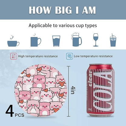 Drink Coasters Set of 4,Cute Pig with Heart Coasters for Drinks Ceramic Coasters with Cork Bottom for Kinds of Mugs and Cups,Home Decor,4''