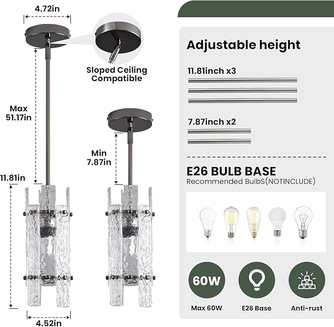 Modern Pearl Black Crystal Pendant Light for Kitchen Island, Luxury Mini Water Ripple Glass Chandelier Fixture, Round Adjustable Hanging Pendant Lighting for Dining Room Bedroom Hallway (1-Pack)
