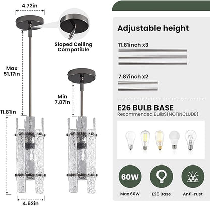Modern Pearl Black Crystal Pendant Light for Kitchen Island, Luxury Mini Water Ripple Glass Chandelier Fixture, Round Adjustable Hanging Pendant Lighting for Dining Room Bedroom Hallway (1-Pack)