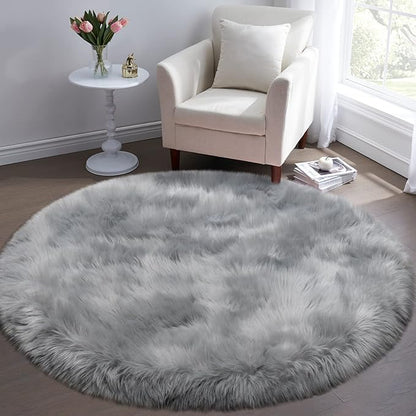 Fluffy Round Rug for Kids Room Grey Circle Faux Fur Area Rug for Bedroom, 4x4 Fuzzy Shag Rugs Furry Nursery Rug Teepee Mat, Gray Circular Plush Floor Carpet