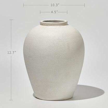 LB2 White Ceramic Large Vase, 12.7" Tall Zen Style vase, Terra Cotta Pitcher, Distressed Farmhouse Decor, Pottery Decorative Flower for Home Decor