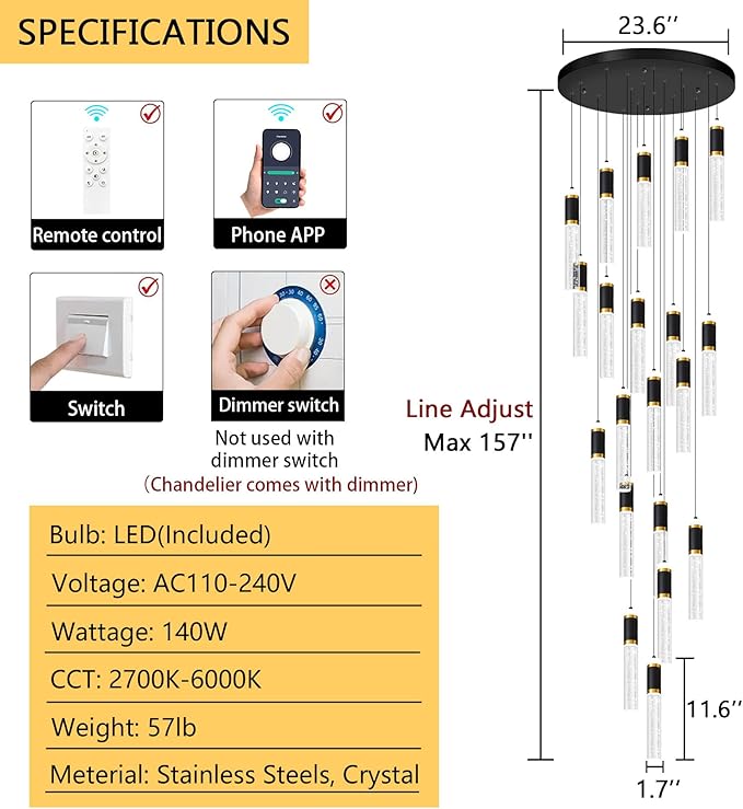 Modern Crystal Chandelier for Staircase Large High Ceiling Chandeliers Spiral Dimmable Hanging Light Fixture Flush Mount Bubble Pendant Lighting for Foyer Entryway Hallway