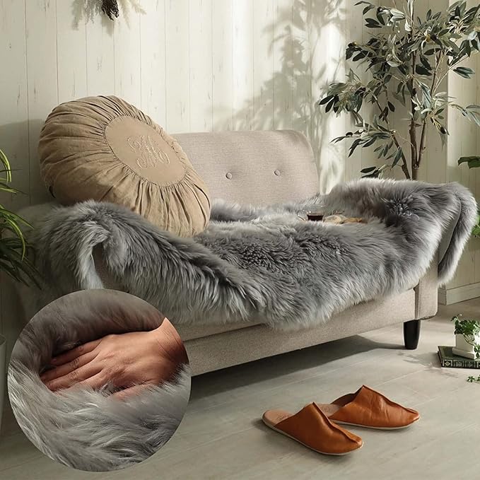 HUAHOO Premium Genuine Sheepskin Rug Grey Real Australia Sheepskin Natural Luxury Fluffy Lambskin Fur Area Rug for Kids Bedroom Sofa Chair Cover Pets Dogs Mat Double Pelt/2' x 6' Silver Grey