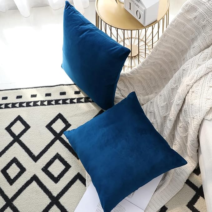 Set of 2 Comfortable Throw Pillow Cover for Bedding, Decorative Accent Cushion Sham Case for Couch Sofa, Soft Solid Velvet with Zipper Hidden - 20"x20", Prussian Blue