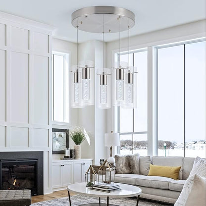 Modern Pendant Lights 5-Light Kitchen Light 40W CRI 80+ 3400lm with Brushed Nickel Finish Adjustable Kitchen Hanging Ceiling Light Fixtures for Kitchen Island Dining Room Hallway…