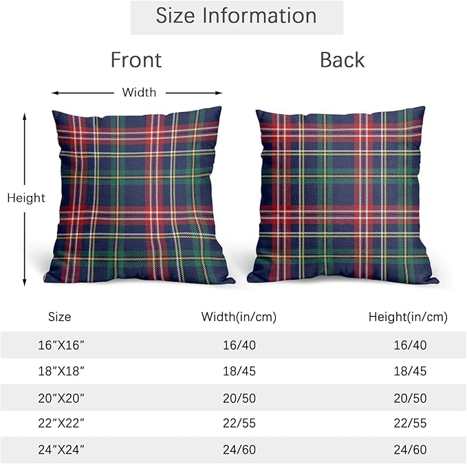 Christmas Tartan Pillow Covers 18x18 Set of 2 Navy Blue Green Red Plaid Print Decorative Outdoor Xmas Throw Pillow Cases Rustic Winter Holiday Decoration Farmhouse Sofa Couch Cushion Cover Bed Decor