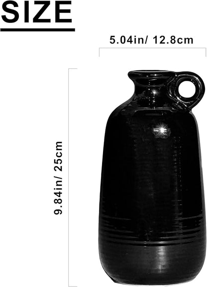 Sunddo Black Ceramic Vase 10 Inch - Tall Modern Decorative Vase with 1 Handle, Elegant Black Statement Piece for Entryway & Mantel