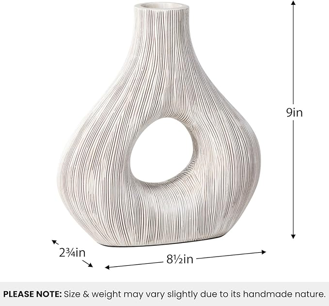 Torre & Tagus White Donut Vase for Flowers - 9 Inch Tall Textured Vases for Centerpieces, Sculptures Home Decor & Abstract Sculptures Home Decor for Shelf Decor Aesthetic (Alma White Flower Vase)