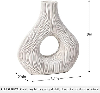 Torre & Tagus White Donut Vase for Flowers - 9 Inch Tall Textured Vases for Centerpieces, Sculptures Home Decor & Abstract Sculptures Home Decor for Shelf Decor Aesthetic (Alma White Flower Vase)