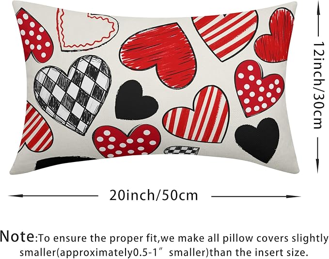 Valentines Day Pillow Covers 12x20 Set of 2 Black Red Heart Throw Pillow Covers Love Pillowcase Linen Decoration Farmhouse Holiday Cozy Soft Cushion Case Couch for Indoor Outdoor Home Decor