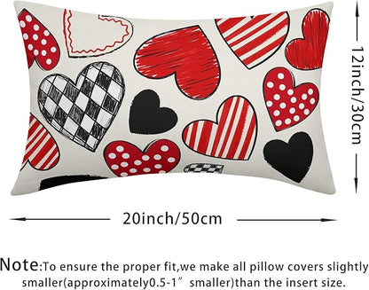 Valentines Day Pillow Covers 12x20 Set of 2 Black Red Heart Throw Pillow Covers Love Pillowcase Linen Decoration Farmhouse Holiday Cozy Soft Cushion Case Couch for Indoor Outdoor Home Decor